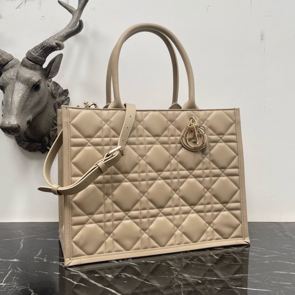 Dior Medium Book Tote Bag with Strap in Beige Macrocannage Calfskin High Quality Replica