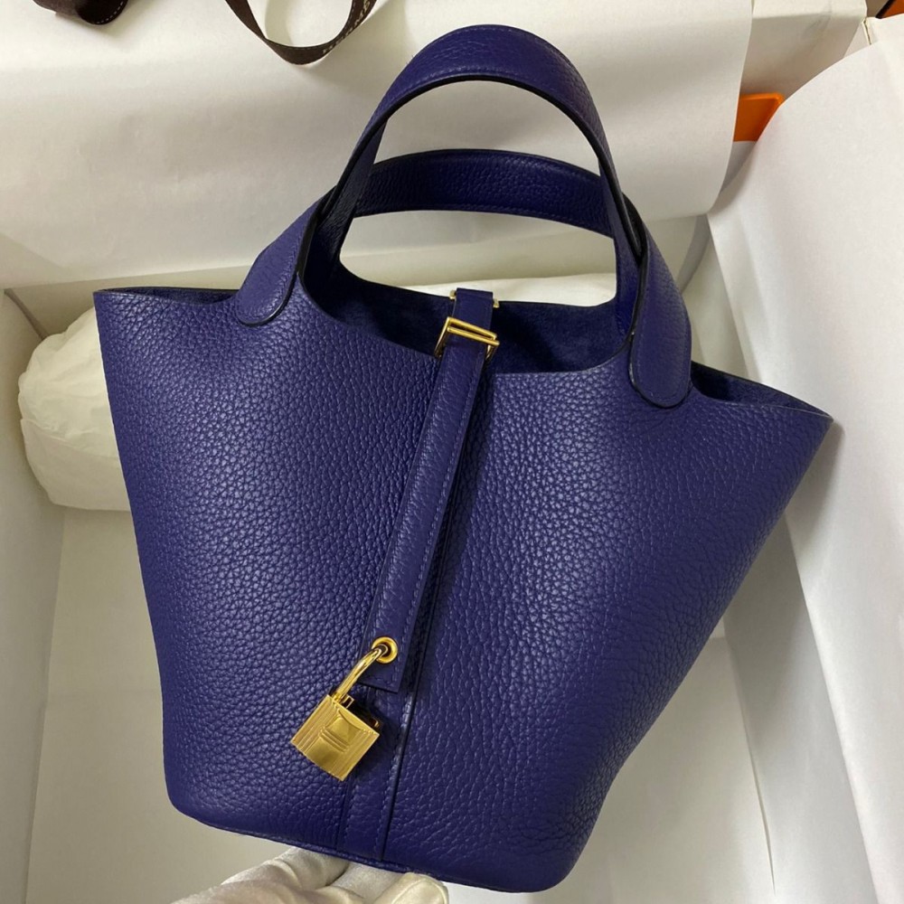 High Quality Replica Hermes Picotin Lock 18 Handmade Bag in Blue Encre Clemence Leather $ 369 USD